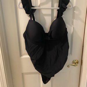 Black One-Piece Swimsuit with Frilly Straps